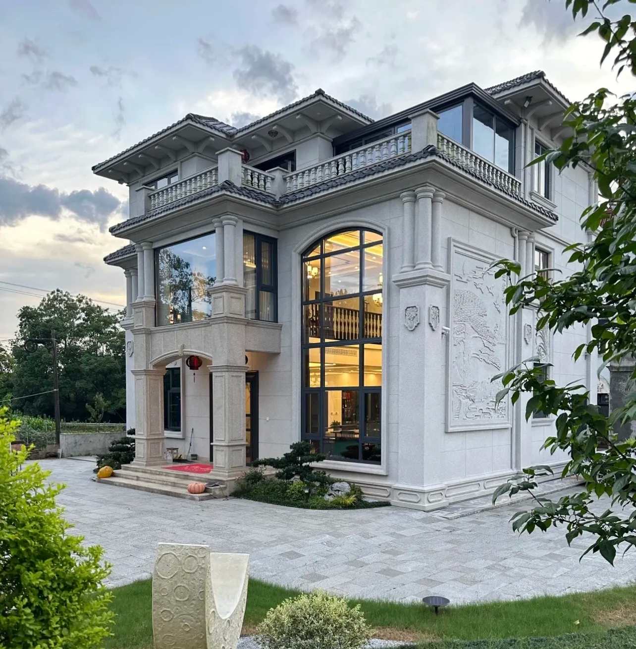 张家界 白麻花岗岩私人别墅干挂石材豪华定制